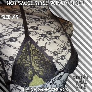 HTF Sexy Hot Sauce Style Olive Green Black Lace Skimpy Triangle Slider Bikini XS